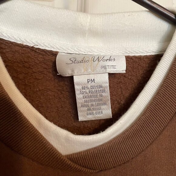 Studio Works Crewneck Sweater Layered Neckline Bird Design Brown Size Petite M - Picture 3 of 4